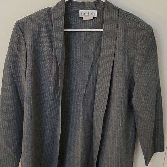 Vtg MISS DORBY Gray Trendy Pinstripe Open Front Topper Duster Blazer - Picture 2 of 7